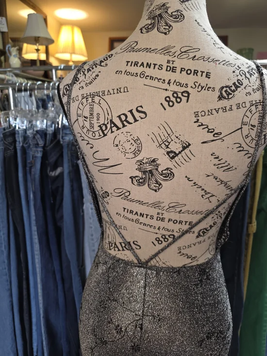 Vintage Y2K Rocket Candy Silver Sparkle Slip Prom Dress Black Floral Pattern - Picture 8 of 11